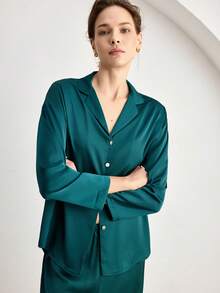 Ocili Satin Smooth Comfortable Loose Long Sleeve & Pants Women Pajama Set - Dark Green - View 5
