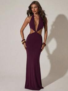 SHEIN BAE Đầm hở lưng gợi cảm thanh lịch dành cho nữ - Màu đỏ tím - Xem 5