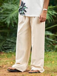 Whitmere Pantalon ample et décontracté pour hommes, pantalon droit fin, pantalon de sport décontracté long, pantalon rayé tissé, nouvelle arrivée printemps et été - Nude - Voir 5
