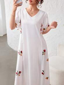 Yasmyna V-Neck Butterfly Sleeve Embroidered Patchwork White Dress, Spring/Summer - Multicolor - View 6