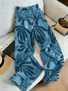 Franclia Quần ống rộng in họa tiết phong cách Bohemian, quần dài đi nghỉ mát in hoa kiểu retro cho mùa hè. - Màu xanh bụi bặm - Xem 3