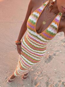 Nevyona Sexy V-Neck Bodycon Dress, Colorful Wavy Knit Tight Fit Dress - Multicolor - View 1