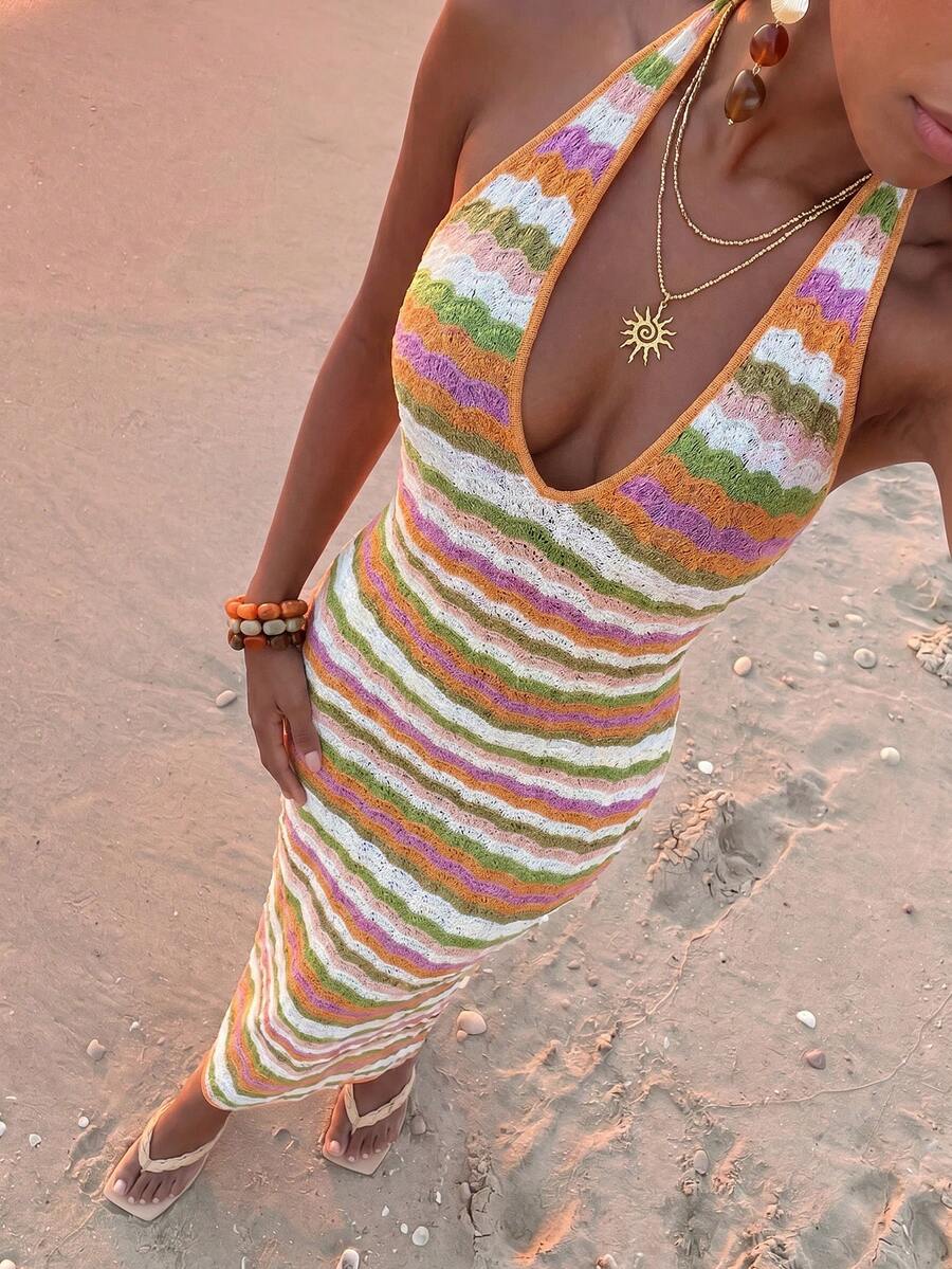 Nevyona Sexy V-Neck Bodycon Dress, Colorful Wavy Knit Tight Fit Dress - Multicolor - View 1