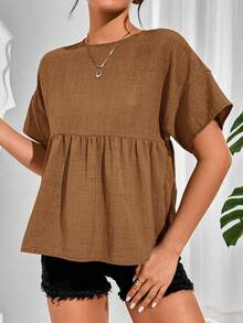 SHEIN Essnce Blusa casual de mujer con volantes en el bajo, unicolor, para verano - Marrón - Ver 5
