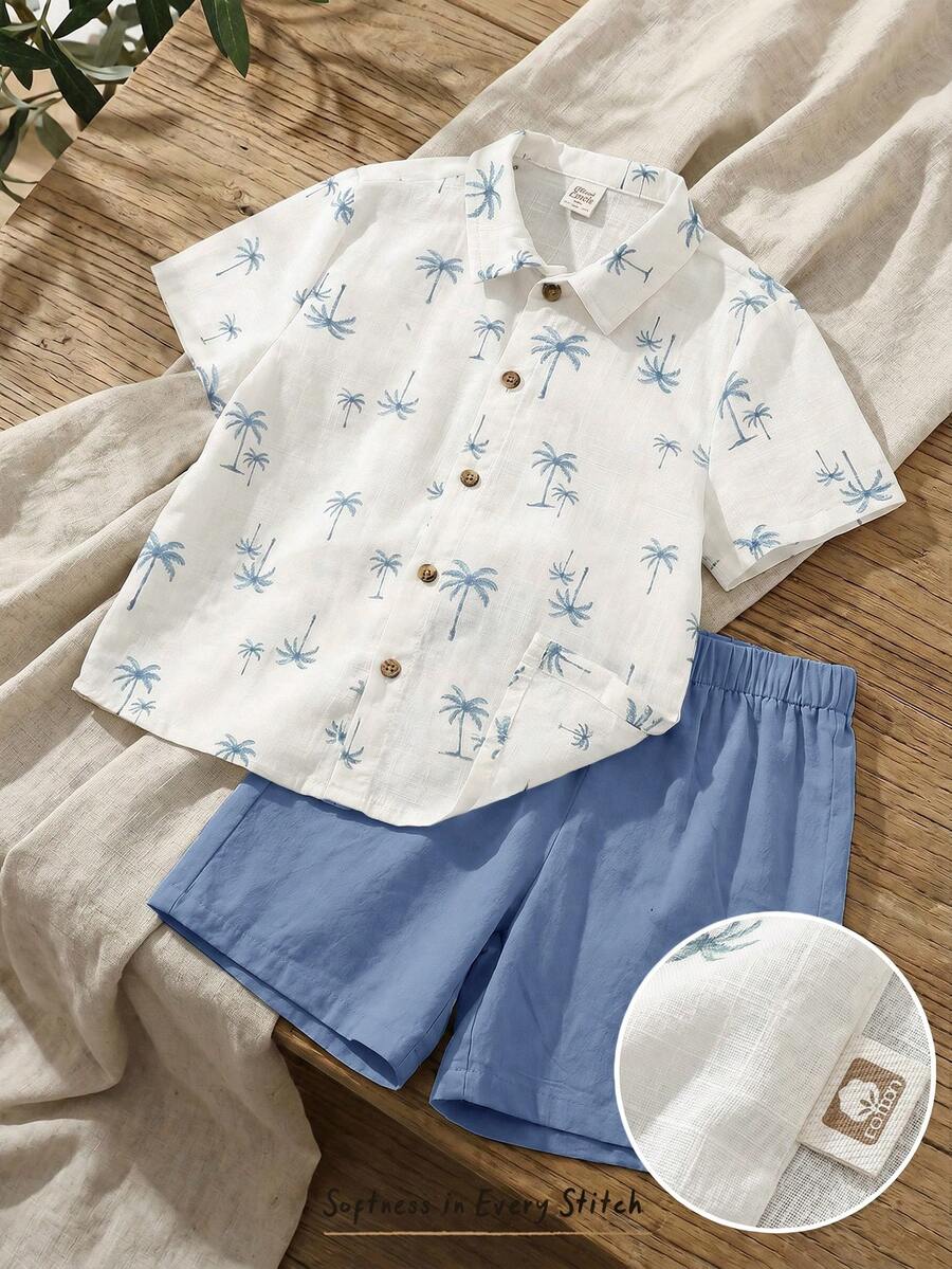 Cozy Pixies 女童椰树图案 Polo 领短袖开衫和松紧腰短裤两件套 - 霧霾藍 - 查看 1
