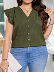 SHEIN Clasi 大码女式纯色短袖单排扣休闲衬衫 - 軍綠色 - 查看 4