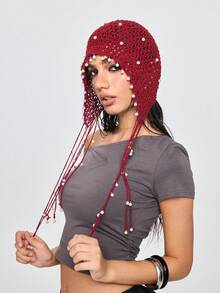 ROMWE Grunge Punk 1顶女士手工钩编镂空针织帽，轻盈透气，带流苏装饰，时尚夏季防晒帽，波西米亚风格，适合母女佩戴，女士节日/万圣节服装 - 彩色 - 查看 4
