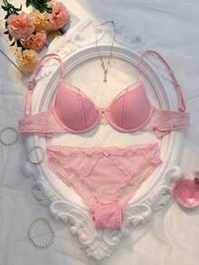 DAZY 2pcs Polka Dot Lace Patchwork Adjustable Spaghetti Strap Lightly Padded Bra And Sheer Panty Set - Baby Pink - View 4
