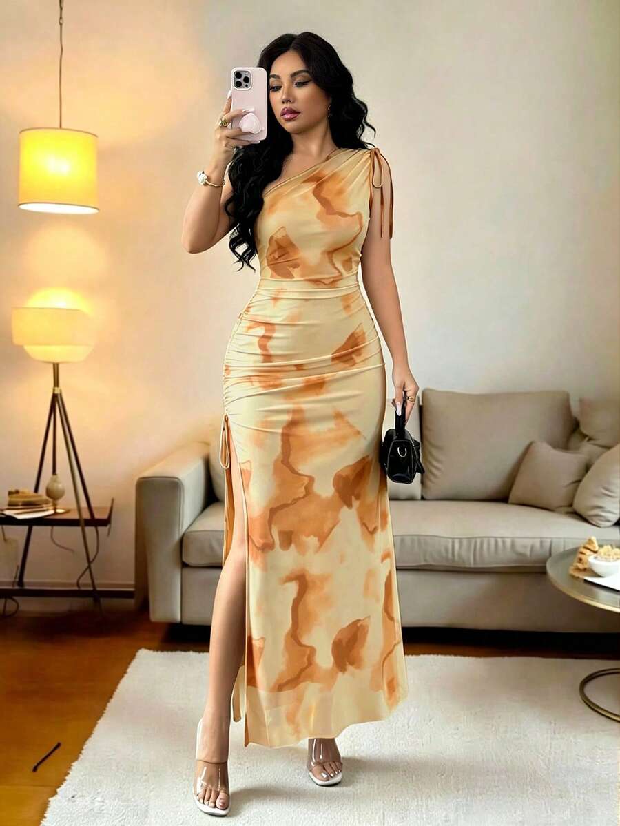 Rafferiza 女士优雅不对称褶皱扎染网纱抽绳开衩连衣裙 - 黃色 - 查看 1