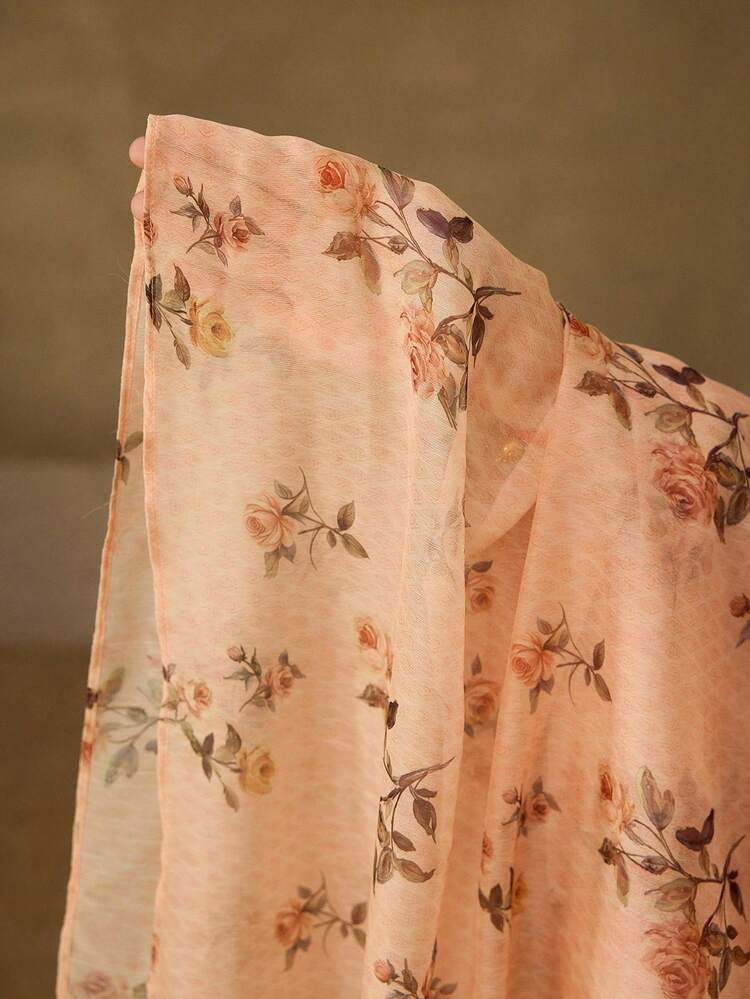 ELEGANT ROSE FLORAL PRINT TIE NECK FLARE SLEEVE LONG DRESS & SLIP DRESS, 2 PIECES SET FOR WOMEN