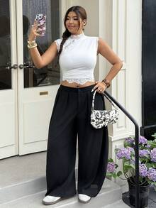 Muchica Plus Size Pants For Women, Black Summer Smart Casual Everyday Wide Leg Trousers For Daily Commute Formal Holiday, Business, Party, Wedding - Black - View 5