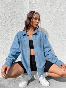 SHEIN ICON Áo sơ mi denim dài tay nữ, cài một hàng cúc, kiểu dáng thường ngày, đa năng. - Rửa nhẹ - Xem 4