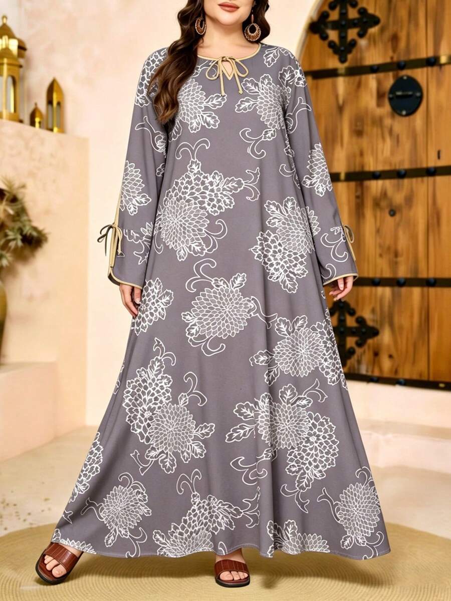 SHEIN Najma 复古加大码花卉植物印花绿色女式连衣裙,时尚V领系带宽松长裙,春夏长袖优雅黄色滚边连衣裙 - 彩色 - 查看 1