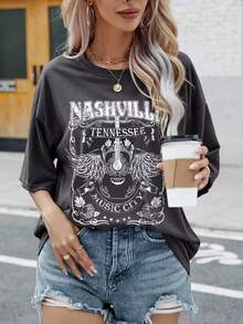 Selamara Letter Graphic Drop Shoulder Tee Graphic Tees Women Tops - Dark Grey - View 4