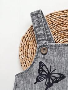SHEIN Bộ áo liền quần cho bé gái chất liệu denim, in hình bướm, trái tim và chữ cái. - Xám - Xem 6
