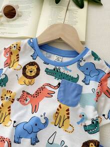 LMoss Kids 2pcs Baby Boy Cute Cartoon Pattern Color Block Round Neck T-Shirt And Shorts Set - Multicolor - View 3
