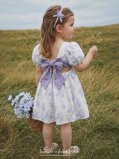 Cozy Pixies Baby Girls' Floral Round Neck Puff Sleeve Casual Dress, Bow Decor Dress, Retro Baby Dress, Fashion Baby Dress, Retro Puff Sleeve Dress, Baby Girls' Elegant Ditsy Floral Color Block Bow Decor Loose Dress