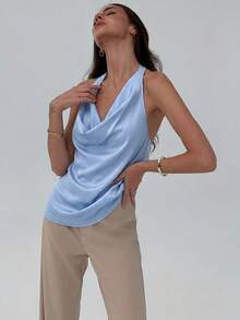 Aloruh Atasan Cami Bodycon Minimalis Model Halter Chic dengan Leher V Dalam untuk Wanita, Atasan Musim Panas - Baby Blue - View 4