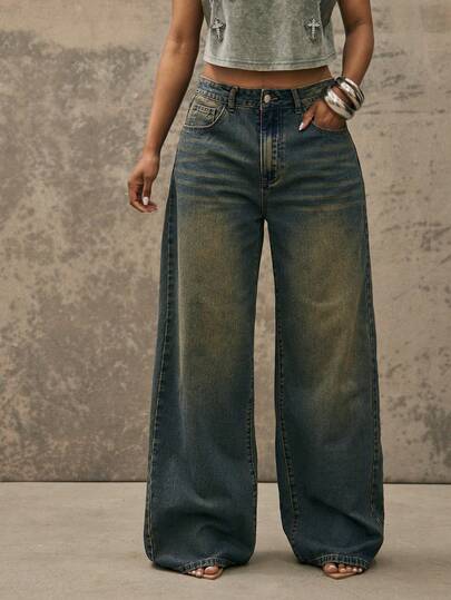Denimoi Jeans de ajuste holgado lavados, jeans de moda de pierna ancha, jeans de novio de moda para uso en la calle