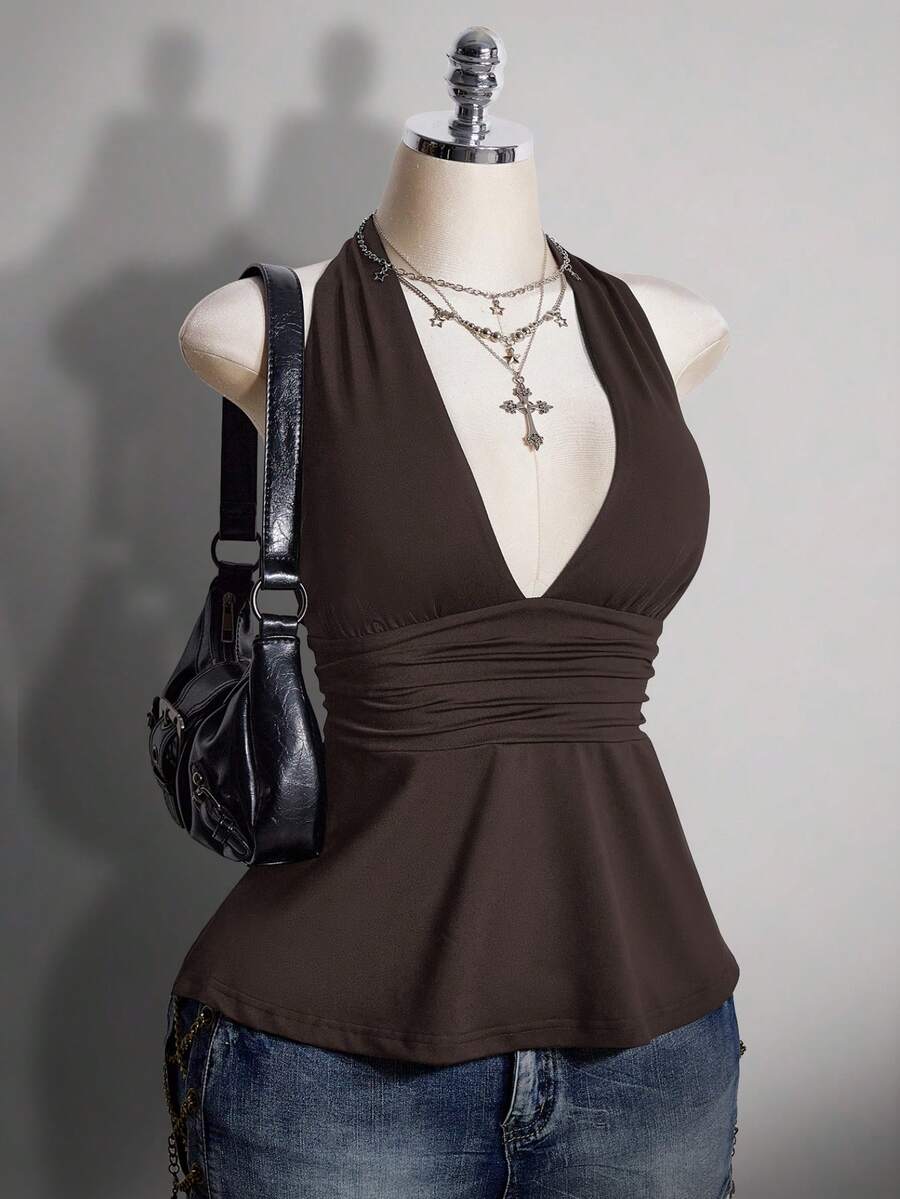 SHEIN ICON Áo camisole chấm bi hở lưng cổ chữ V eo thon dáng chữ A cỡ lớn, áo camisole chấm bi hở lưng kiểu retro Y2K, áo babydoll chấm bi hở lưng. - màu nâu - Xem 1