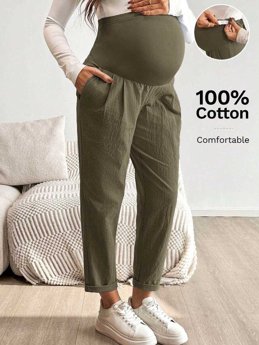 SHEIN Maternity Solid Color Slant Pocket Pleated High Waist Casual Pants Fall - Army Green - View 1