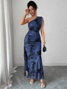 Rafferiza Vestido de mujer elegante con hombro asimétrico, drapeado, cordón, efecto tie-dye y malla con abertura lateral - Azul Marino - Ver 6