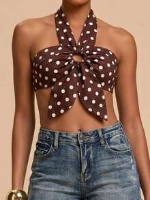 Travachic Polka Dot Print Satin Halter Neck Tie Top - Brown - View 8