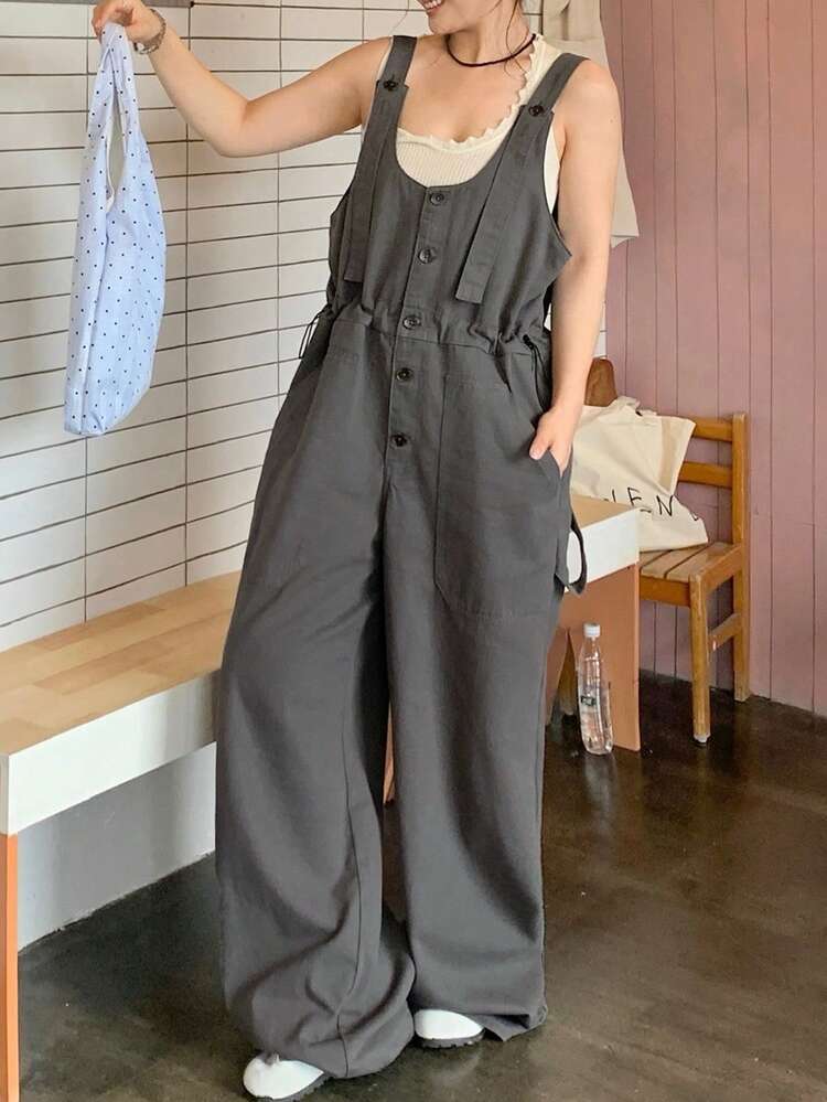 Dazy Plus Cinched Waist Loose Straight Leg Jeans, Casual City Style, Washed Denim Plus Size Women Spring/Summer Jumpsuit Overalls