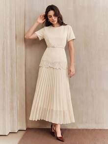 Anewsta New Elegant Round Neck Short Sleeve Dress With Ruffle Hem Design, Beige Color, Comes With A Matching Belt Tea Party Summer - Apricot - View 4