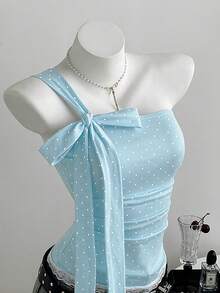 Elamini Atasan Wanita Motif Polkadot Manis dengan Detail Renda Kontras dan Bahu Terbuka serta Pita Ikat - Baby Blue - View 4