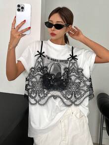 DAZY Women's Summer Loose Casual Slogan Lace Trim Drop-Shoulder T-Shirt, Graphic Tee Festival - White - View 8