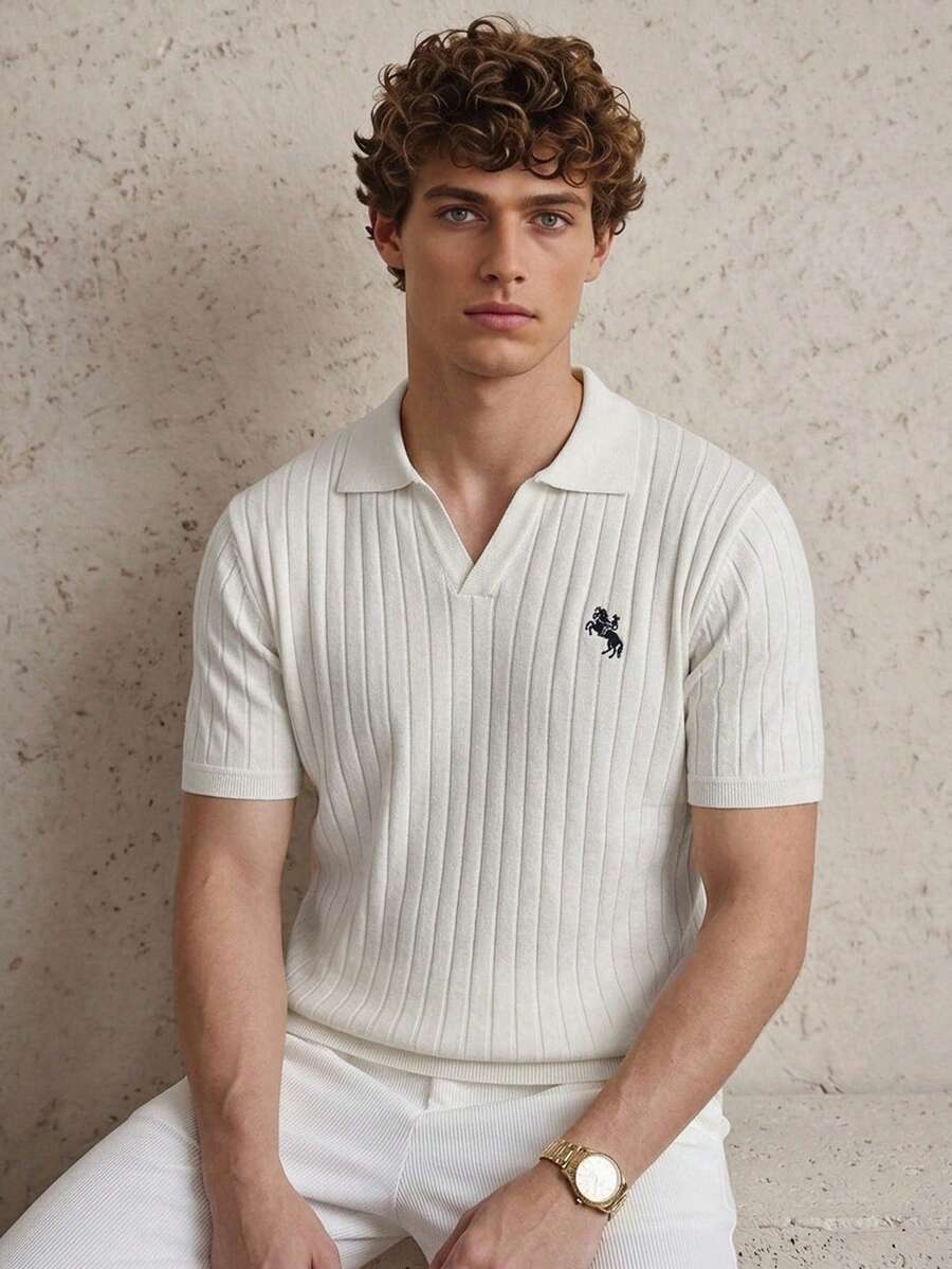 Manfinity CityGents 男士夏季针织刺绣 Polo 衫 - 白色 - 查看 1