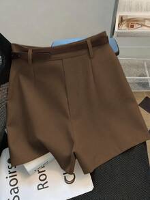 Franclia Casual & Commuting Fashion Versatile Mid-High Waist Belted Summer New Solid Color Khaki Shorts For Women - Chocolate Brown - View 2