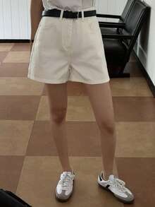 DAZY Women's Casual Everyday Commute Simple Solid Color Loose Denim Shorts, Belt Not Included Summer Petite - White - View 5