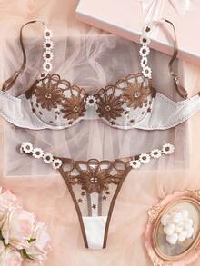 SHEIN 两件套女士内衣套装，含水溶性刺绣蕾丝 - 咖啡棕 - 查看 5