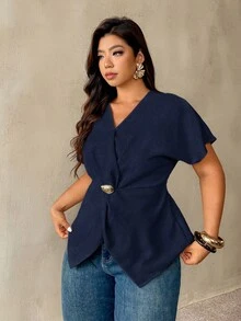 Auralis Áo nữ cỡ lớn thời trang xuân hè thanh lịch, rộng rãi, thoải mái, tay ngắn màu nâu với khóa kim loại và cổ chữ V, trang phục mùa hè, áo kiểu nữ, áo mặc đi chơi. - Màu xanh hải quân - Xem 6