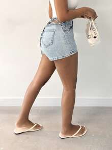 Alexandranx Quần short denim cạp cao thường ngày cho nữ có túi và thiết kế thắt eo, đa năng - Rửa trung bình - Xem 6