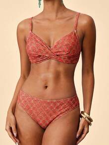 Travachic Women's Summer Beach Full Print Ruched Spaghetti Strap Bikini And Triangle Panty Swimwear Set - Multicolor - View 3