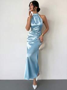 Firerie 女士优雅浪漫约会婚礼季连衣裙，适合派对、聚会、舞会、正式场合，薰衣草色露背吊带A字缎面长裙，春夏连衣裙 - 藍色 - 查看 3