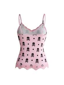 ROMWE Y2K Retro Music Note & Piano Keyboard Print Tight Lace Trim Camisole 3 Pieces Set - Pink - View 10