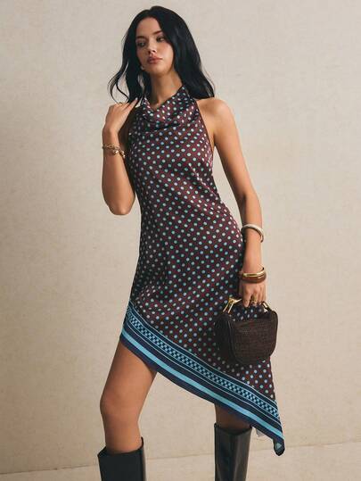 Poéselle Women's Polka Dot Halter Backless Casual Party Mid-Length Dress,Satin Party Dress,