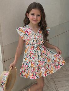 Emery Rose Kids Emery Rose Kids 少女碎花V领荷叶边短袖连衣裙，度假风 - 粉色 - 查看 2