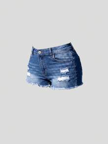 SHEIN Girlism Quần short denim rách gấu, phong cách đường phố thường ngày, thời trang dành cho nữ tuổi teen, thích hợp mặc hàng ngày vào mùa hè. - Rửa nhẹ - Xem 1