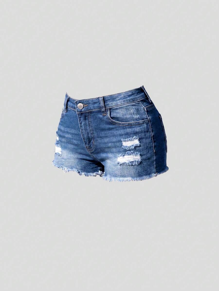 SHEIN Girlism Quần short denim rách gấu, phong cách đường phố thường ngày, thời trang dành cho nữ tuổi teen, thích hợp mặc hàng ngày vào mùa hè. - Rửa nhẹ - Xem 1