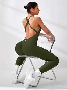 SHEIN Sports 女士无袖性感运动连体裤 - 軍綠色 - 查看 6