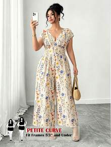 SHEIN PETITE CURVE Bộ jumpsuit in họa tiết cổ chữ V, phong cách mùa hè, giản dị, thoải mái, kiểu Pháp cổ điển, thanh lịch, thích hợp đi làm. - Màu be - Xem 1