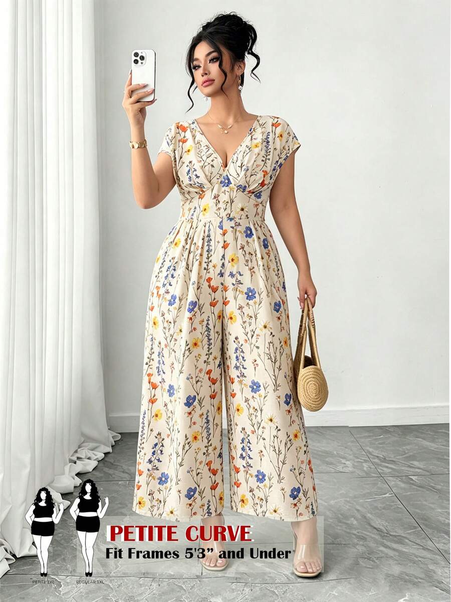 SHEIN PETITE CURVE Bộ jumpsuit in họa tiết cổ chữ V, phong cách mùa hè, giản dị, thoải mái, kiểu Pháp cổ điển, thanh lịch, thích hợp đi làm. - Màu be - Xem 1