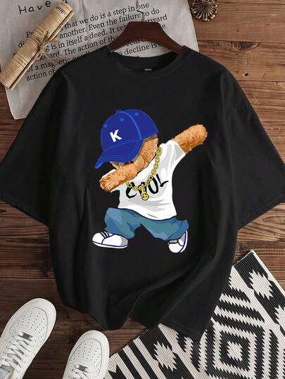 Manfinity Joysei Personality Funny Hip Hop Bear Print Black Round Neck Short Sleeve T-Shirt, Hip Hop Bear Embellished, Pure Black Silhouette Suits All Body Types, Easily Capture Casual Street Chic Style