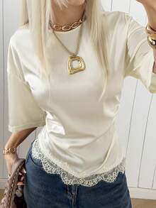 SHEIN EZwear Áo kiểu satin ren phối màu tương phản thanh lịch dành cho nữ, thích hợp cho mùa hè. - Màu be - Xem 5