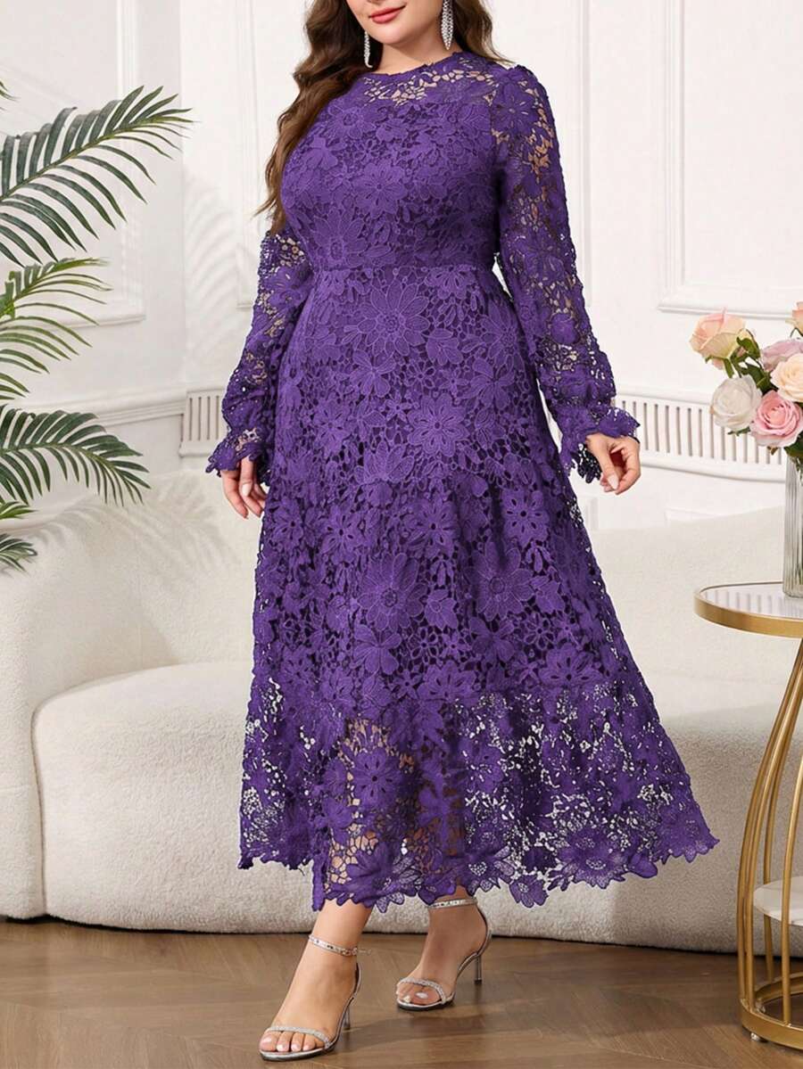 SHEIN Clasi 大码女式圆领长袖优雅蕾丝连衣裙 - 紫色 - 查看 1
